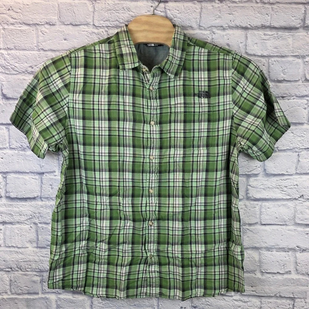 North Face Men Short Sleeve Green Button Plaid Soft Cotton Outdoor Shirt Sz XL‎